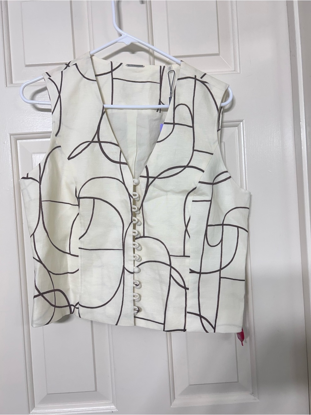 Elie Tahari Ivory Sleeveless V-Neck Graphic Line Button Vest Sz 8